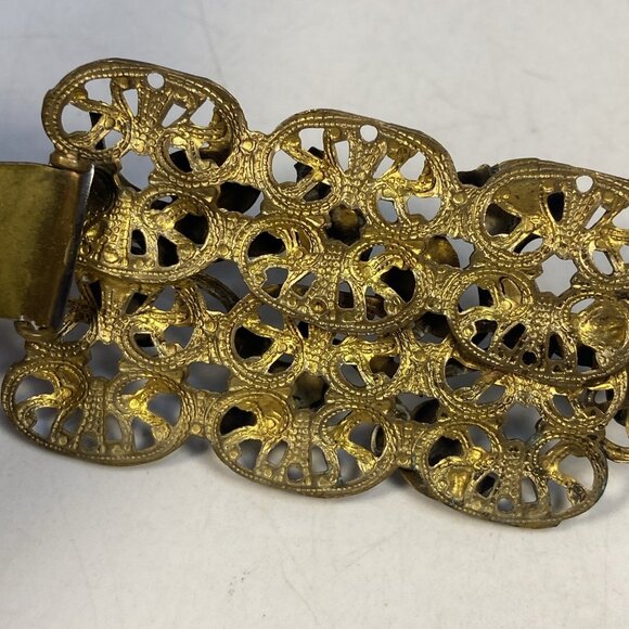 Antique Art Nouveau Fur Clip Dress Pin Filigree Goldtone Floral Rhinestone - Picture 12 of 13